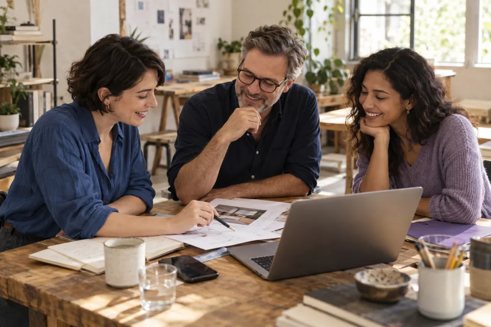Tres profesionales colaboran con notas y un portátil en una mesa luminosa.
